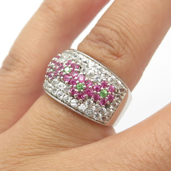 925 Sterling Silver Real White Topaz Peridot Gem & Pink Sapphire Ring Size 6 - Picture 2 of 8
